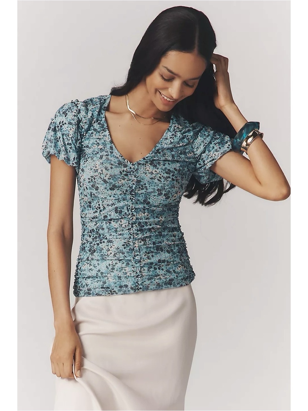 By Anthropologie Shirred Mesh Top Size XS NWT